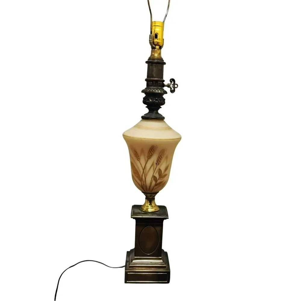 Antique Cream Satin Glass Table Lamp, Hand Painted Gold Wheat, Brass Base, 28